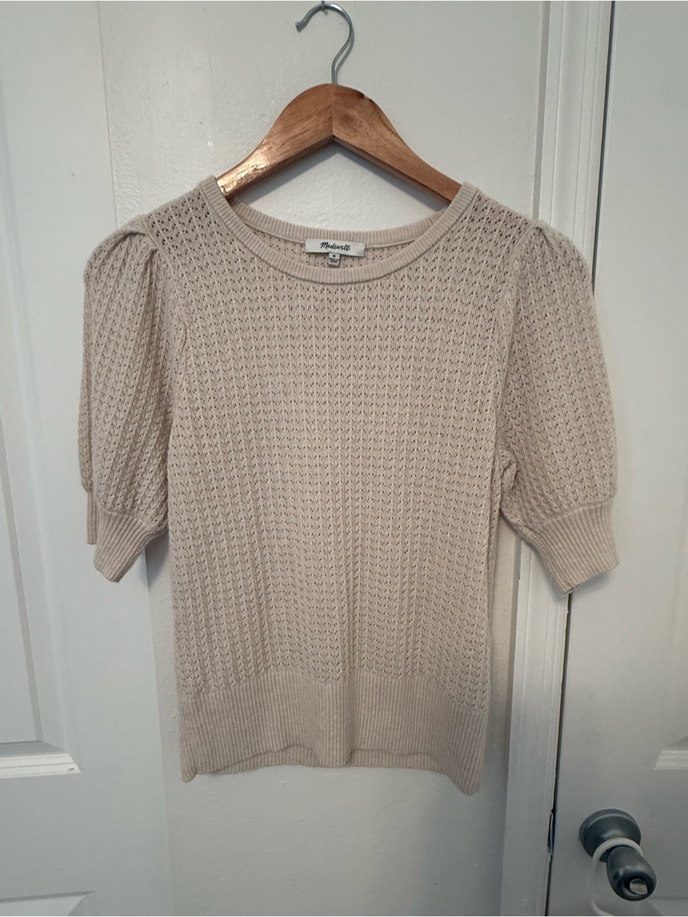 Madewell Cream Openwork Knit Top with Short Sleeves